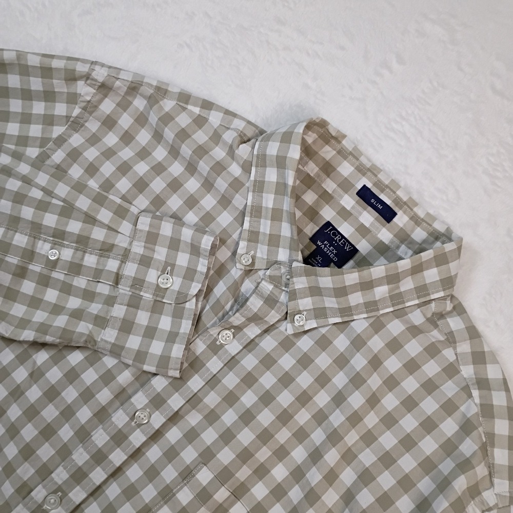 J. Crew Shirt Men's XL Slim Flex Washed Beige White‎ Check Button-Up Long Sleeve